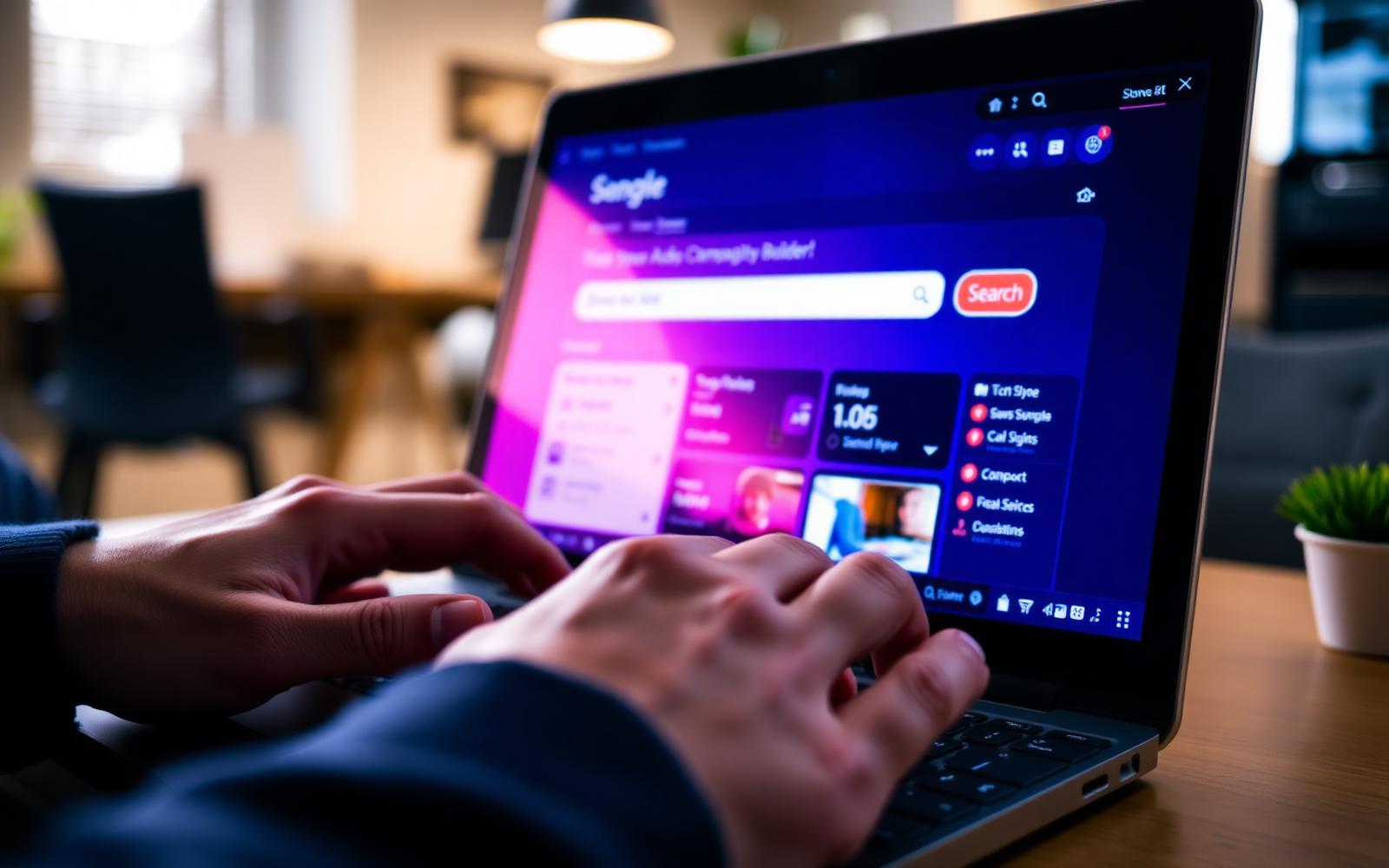 Hands typing on a laptop showing a search-ads campaign builder