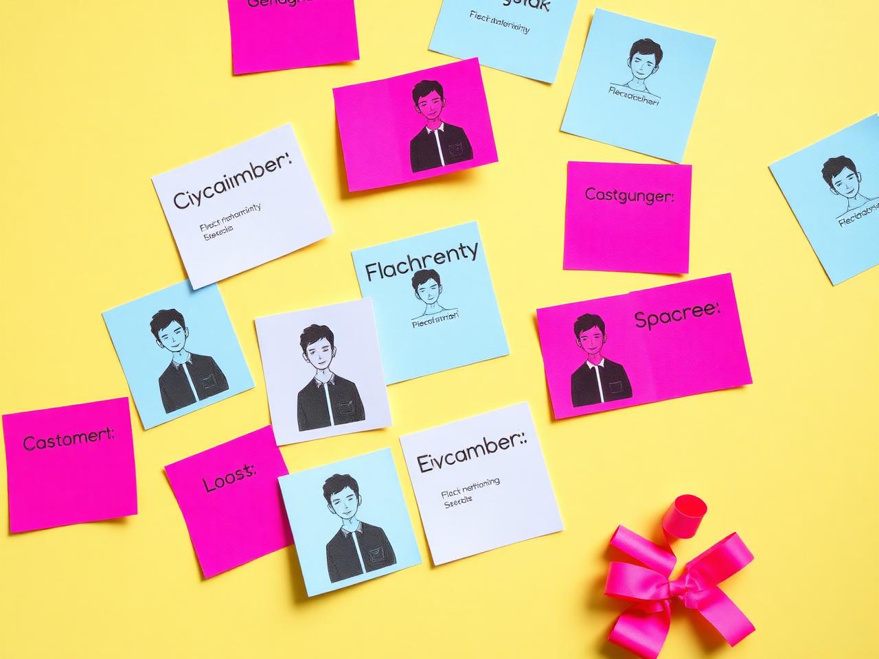 Audience segmentation matrix with persona cards on a bright table