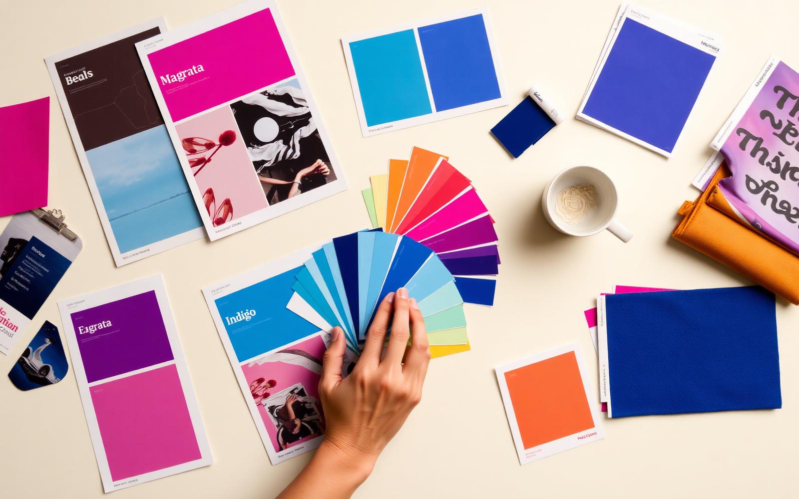 Brand boards, colour chips and type specimens laid out on a cream table