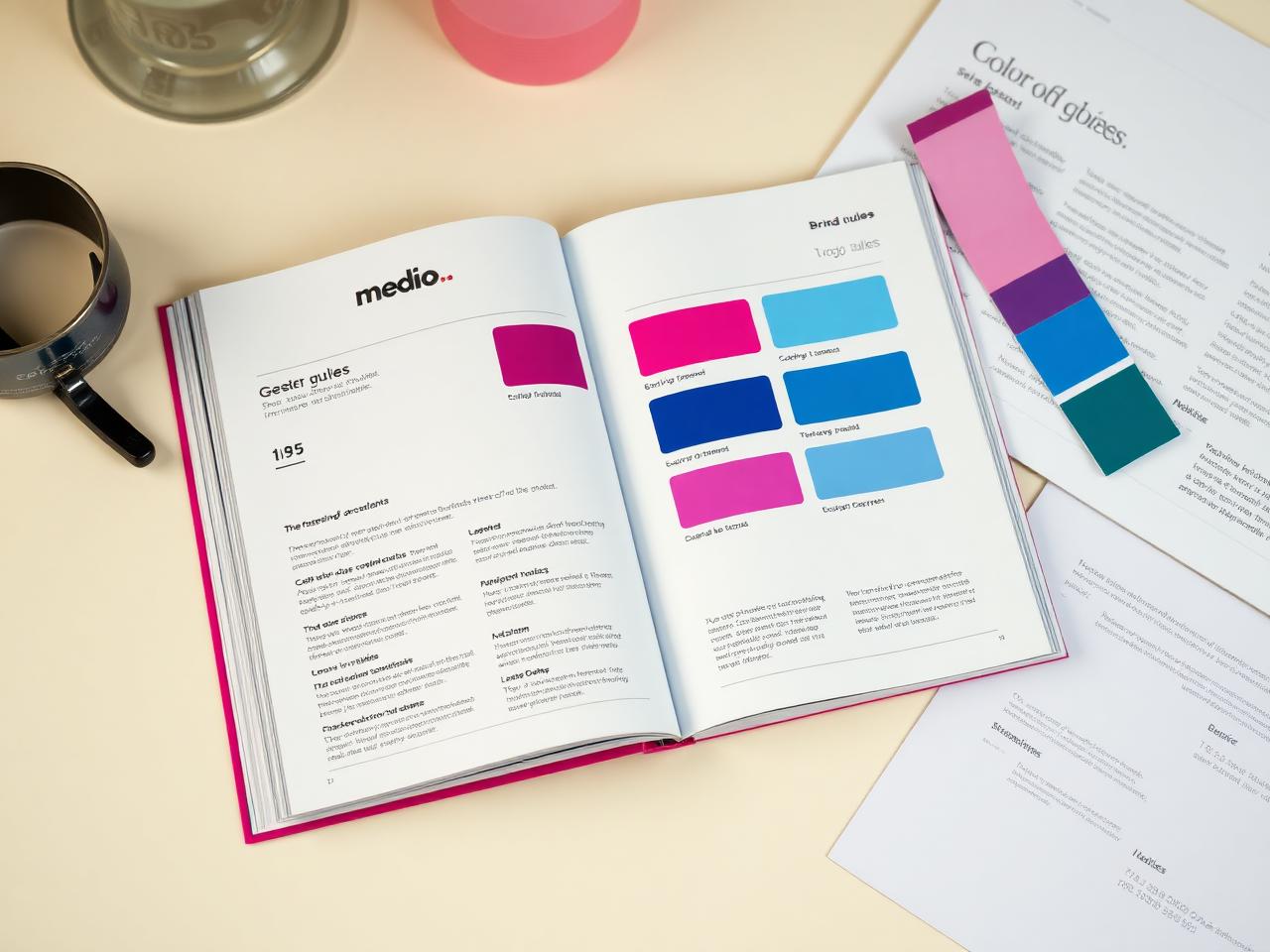 Brand style guide spread with color chips and typography samples