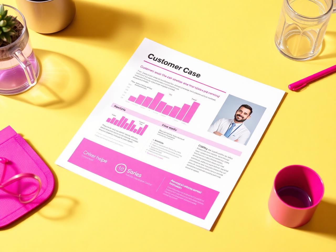 Printed customer case study with results charts on a bright desk