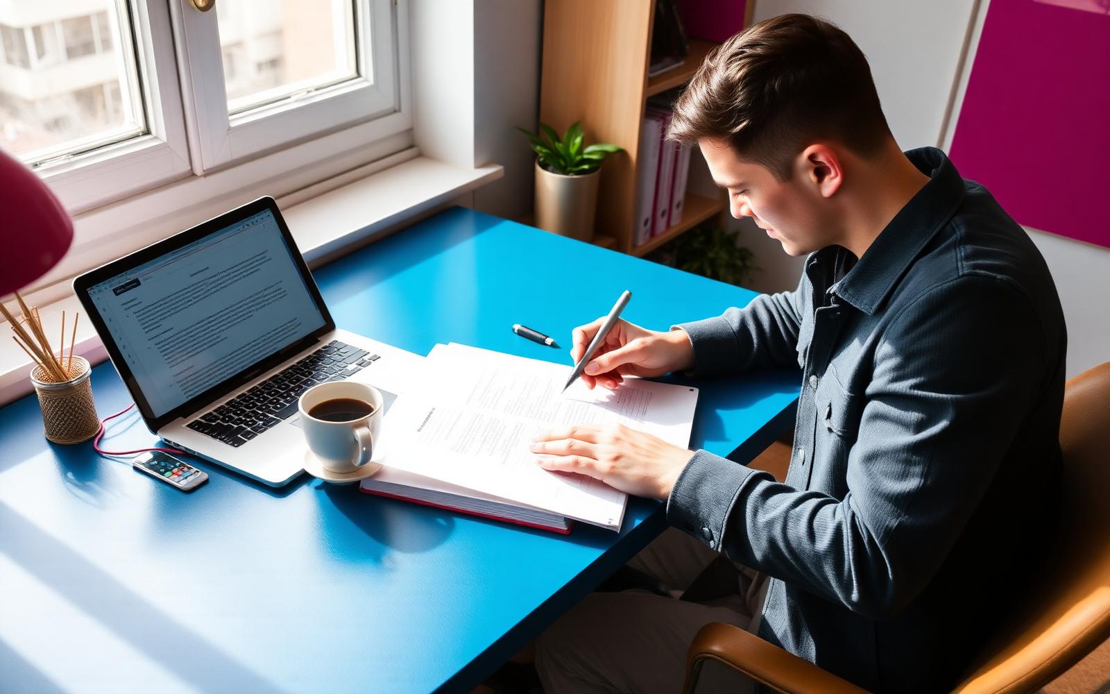 Writer drafting a long-form article at a sunlit desk