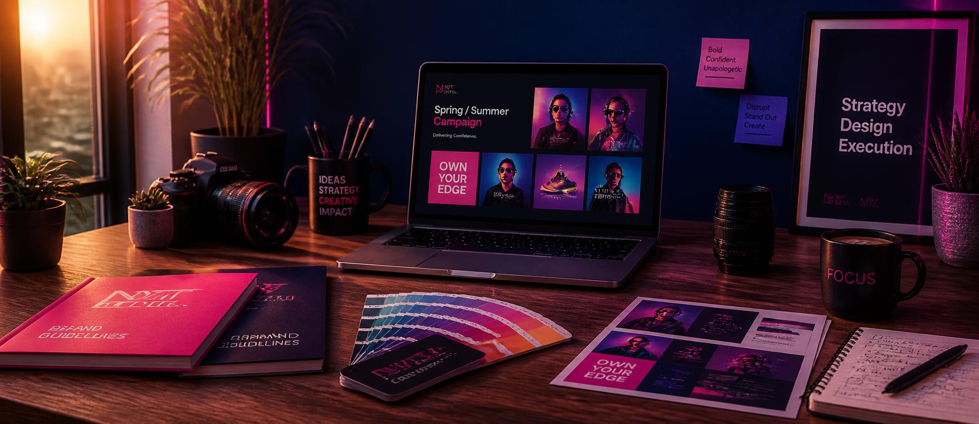 Creative desk at golden hour with a laptop showing a campaign grid, brand books and colour swatches