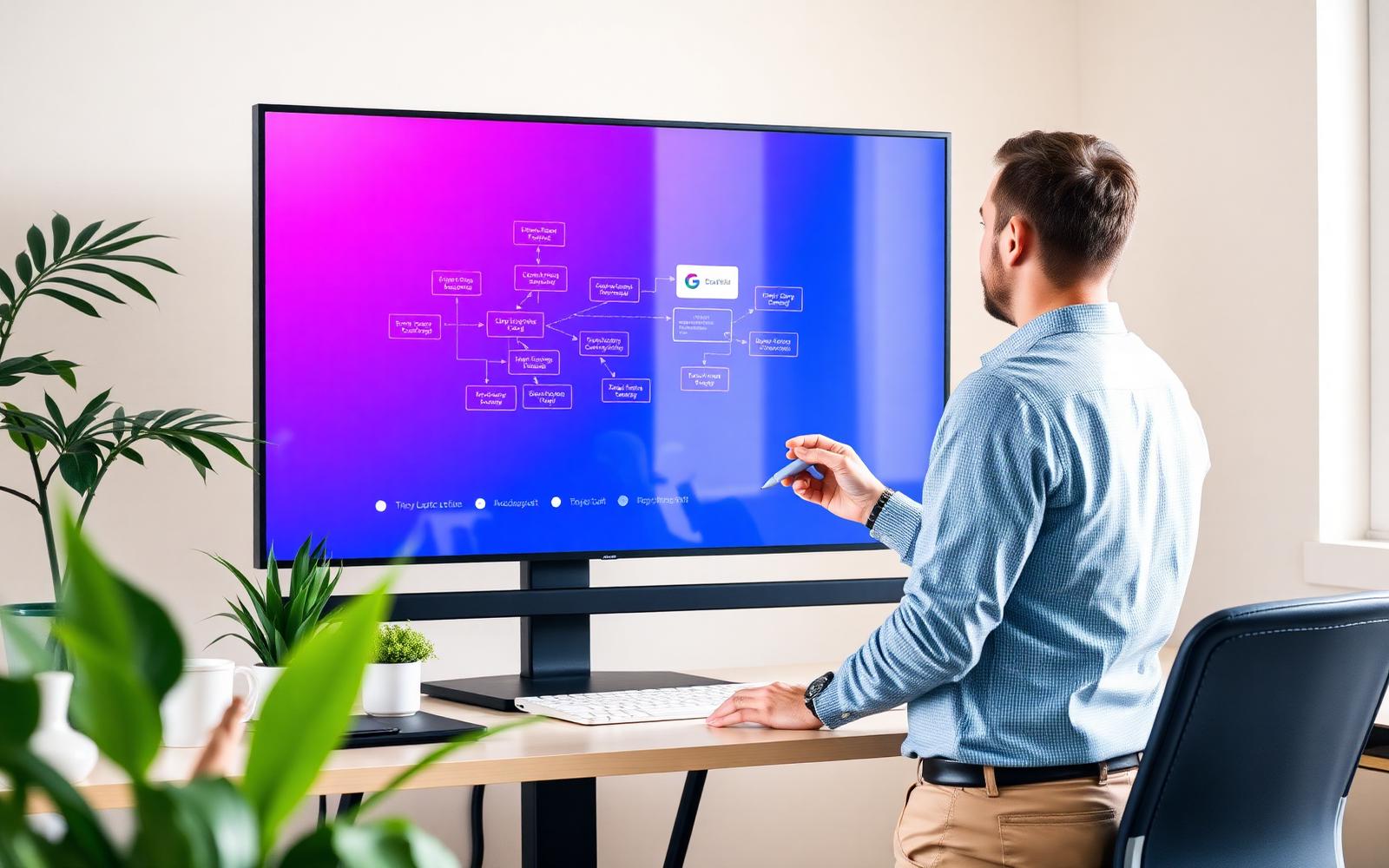 Lifecycle marketer mapping an email automation flow on a large screen