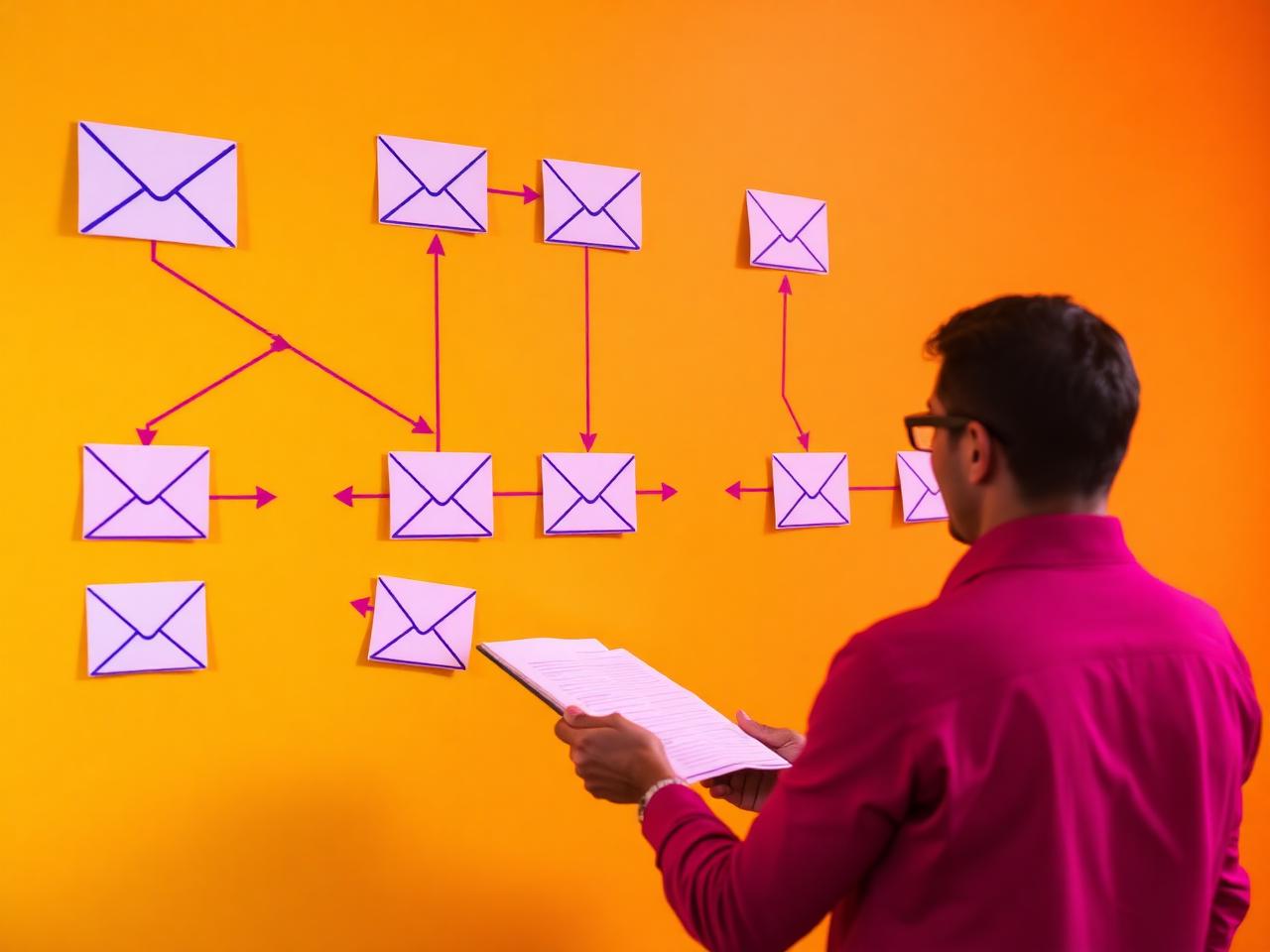 Email drip sequence flowchart beside a laptop showing an email draft