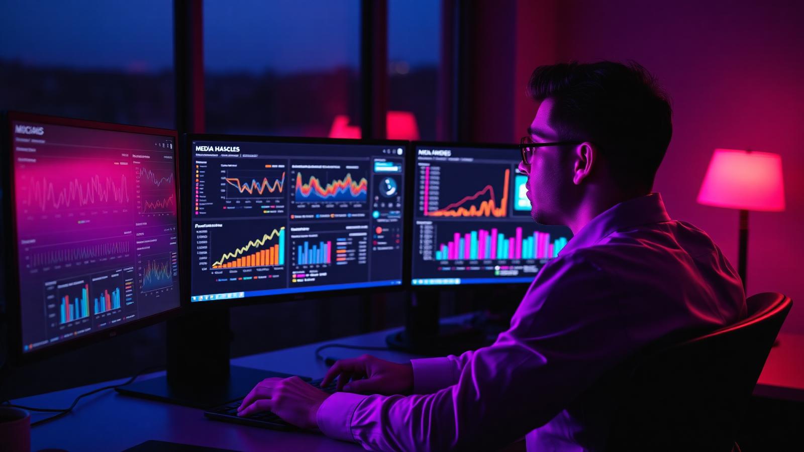 Media buyer reviewing vivid paid-ads performance dashboards on dual monitors at dusk