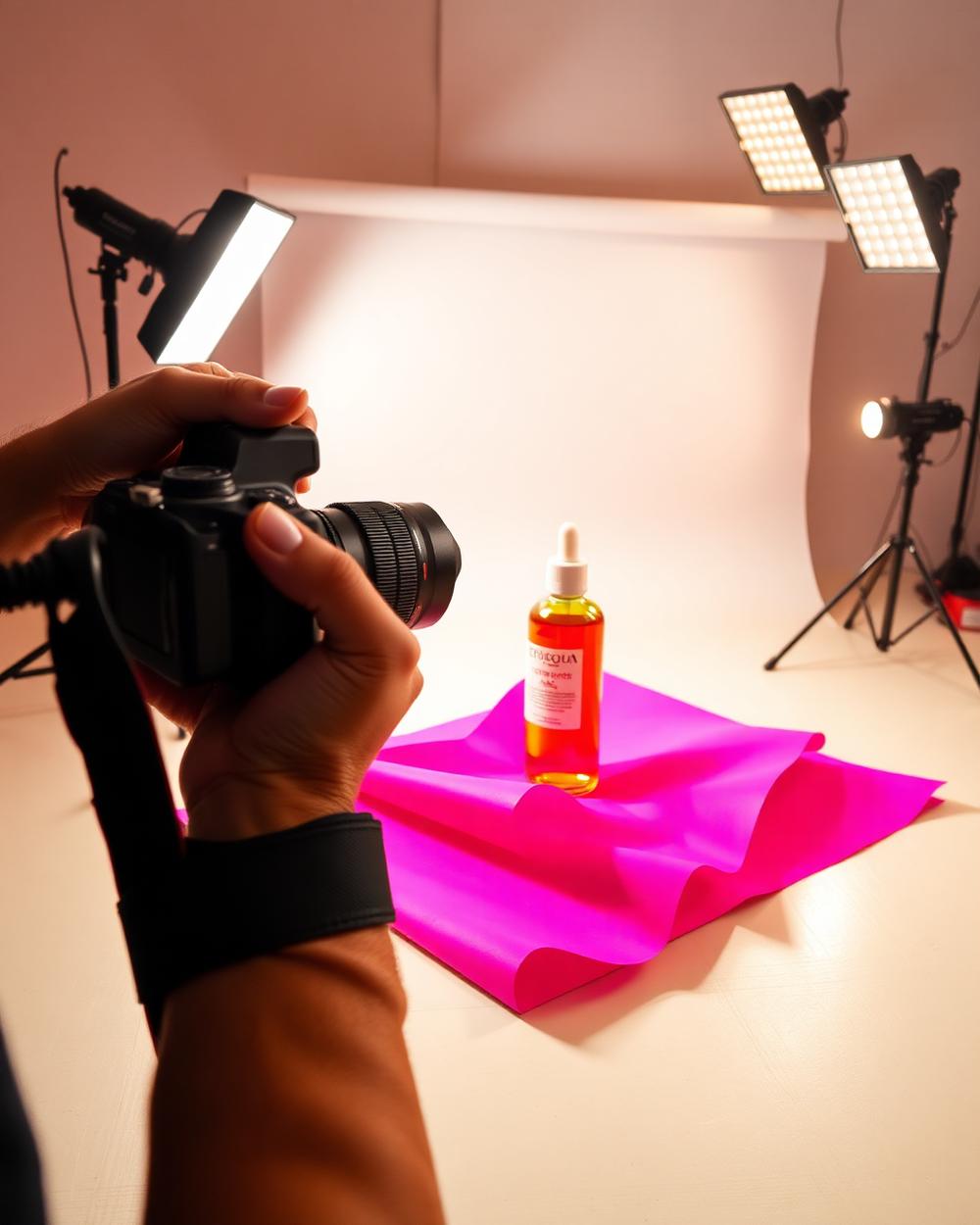 Photographer shooting a product on a bright magenta paper sweep in a content studio