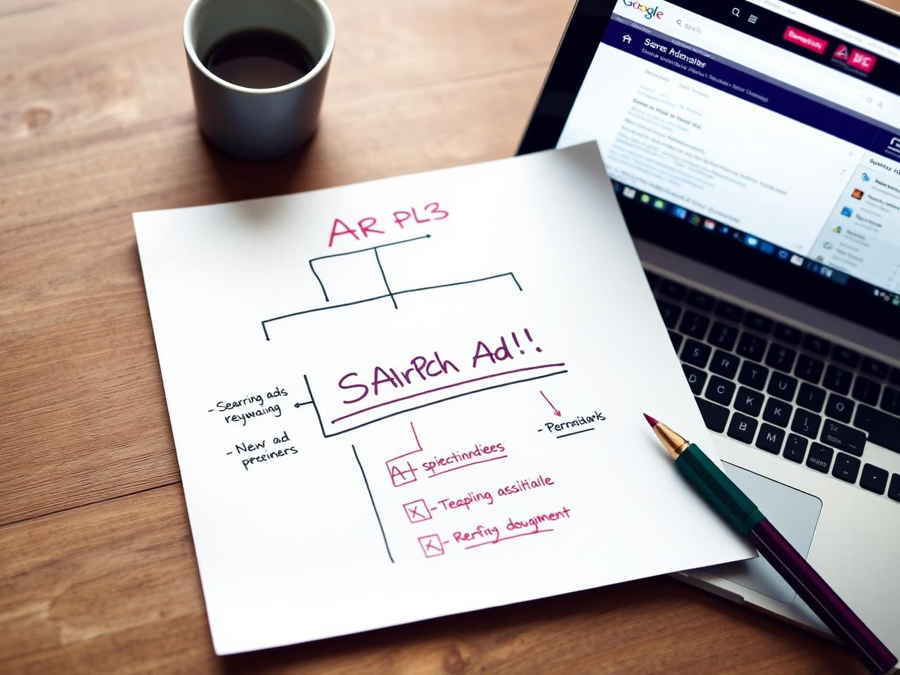 Google Ads campaign structure and keyword sheets on a bright desk