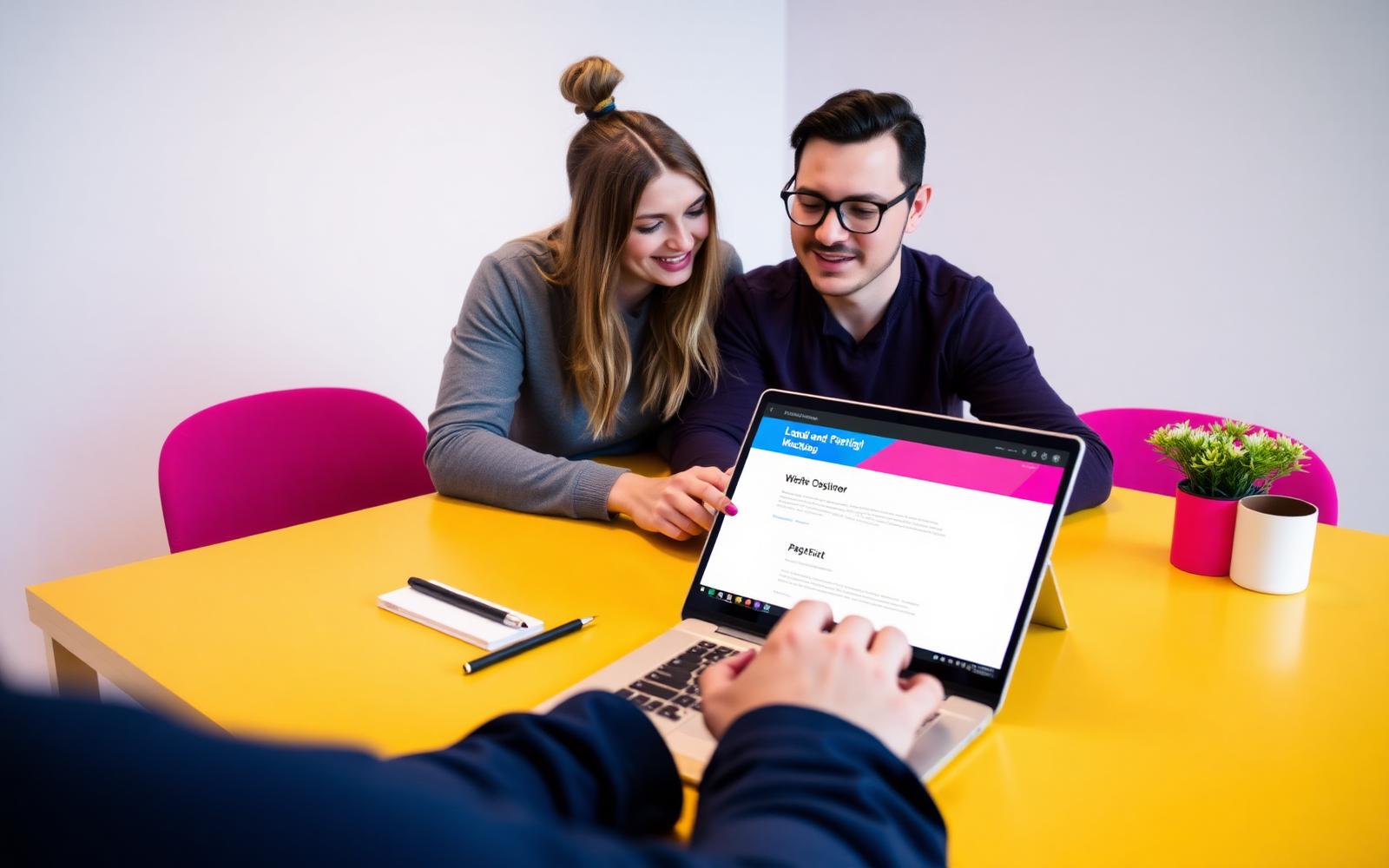 Designer and copywriter reviewing a landing page mockup together