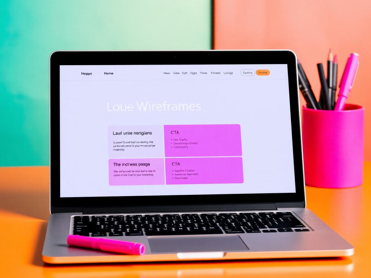 Landing page wireframe with headline and CTA blocks beside a laptop