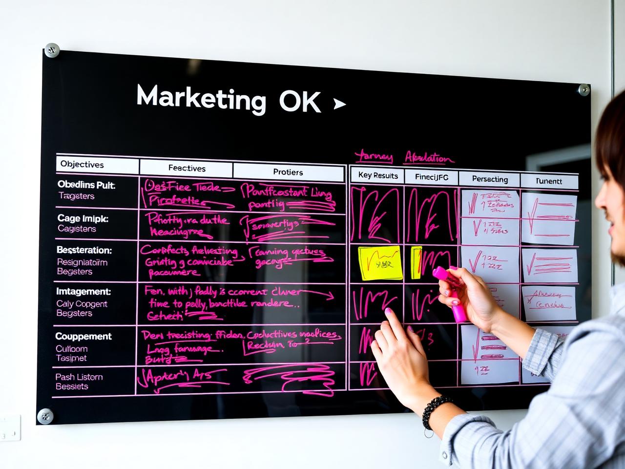 Marketing OKR board with objectives and key results columns