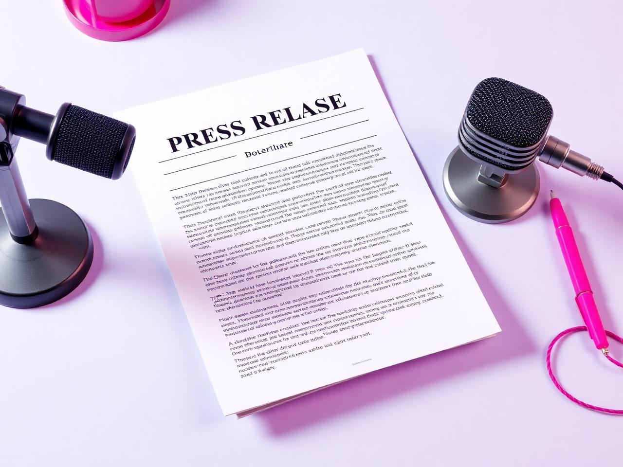 Formatted press release page beside a studio microphone