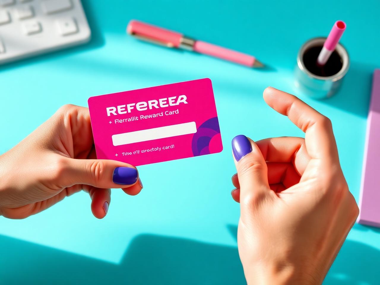 Referral reward card being handed over at a bright desk