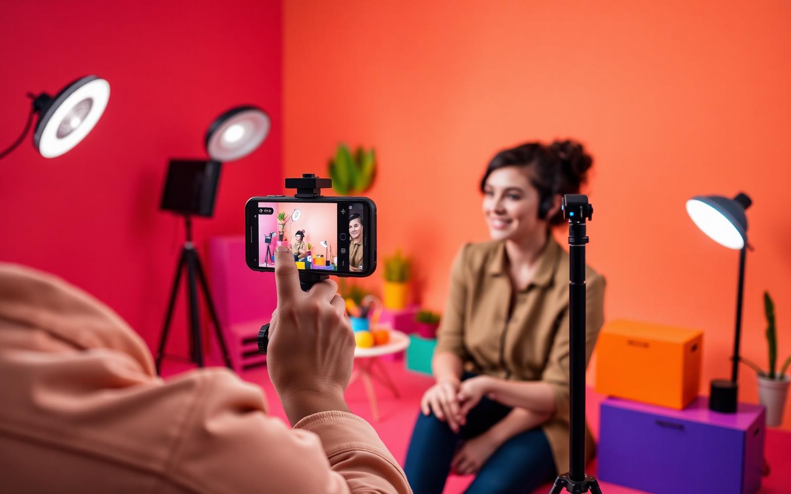 Social media manager filming a short vertical video on a colourful set