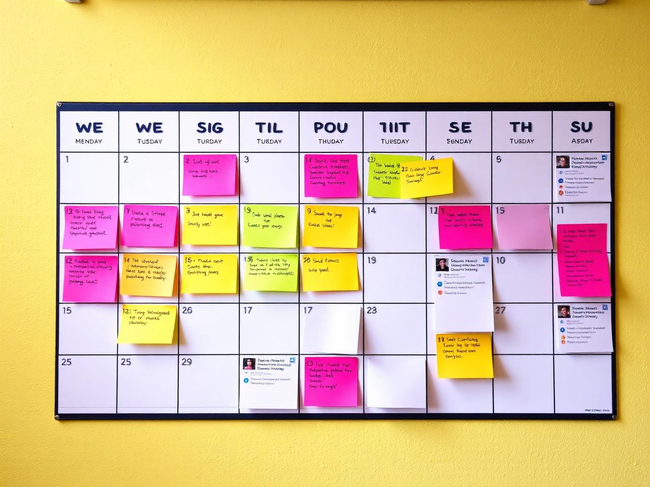 Monthly social content calendar with colorful sticky notes