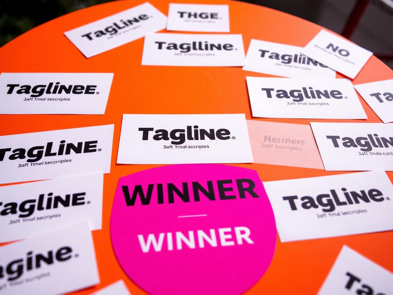 Tagline options printed on cards spread across a table