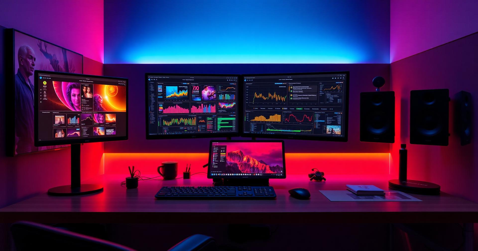 Marketer launching a campaign at a bright desk with glowing screens