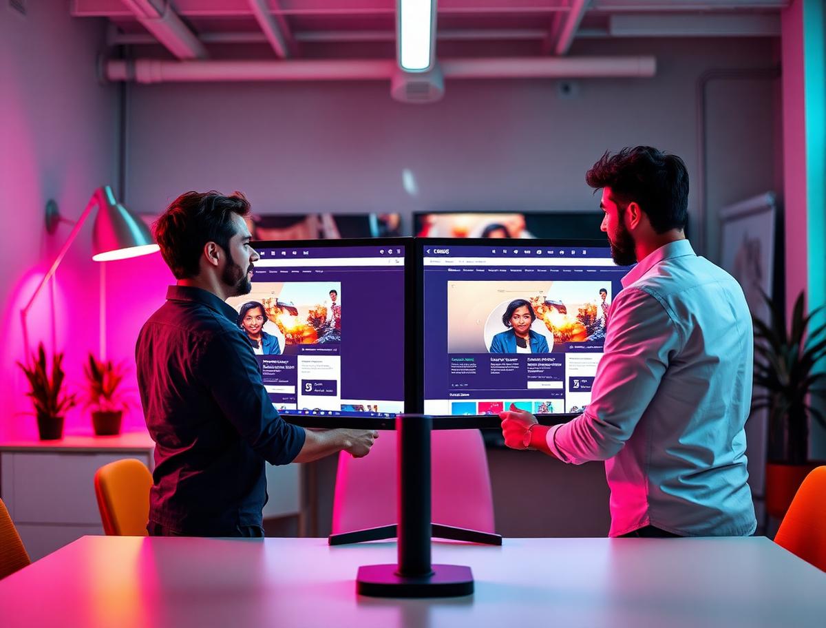 Marketer comparing ad variants side by side on a bright screen