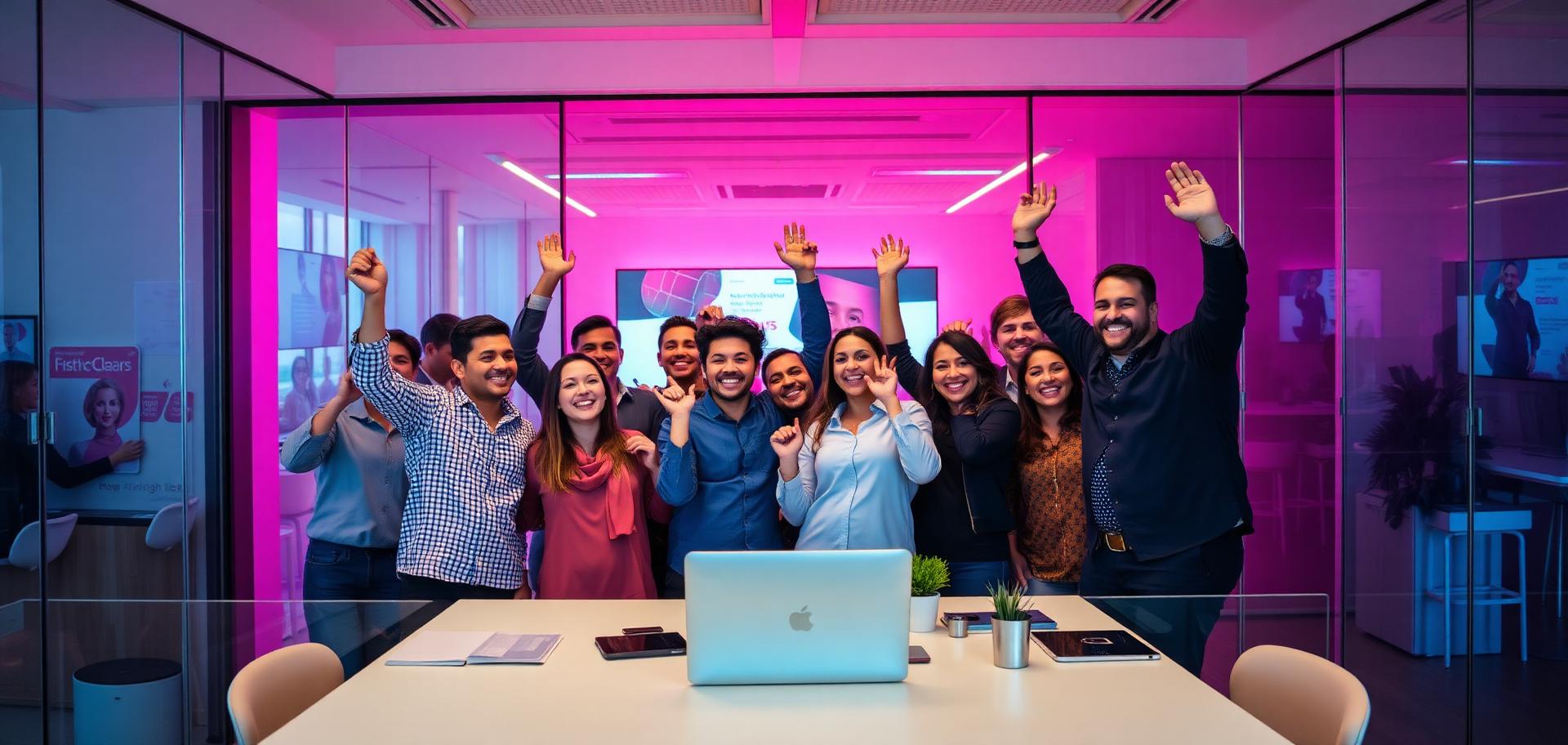 Busy performance marketing team collaborating in a vibrant open office