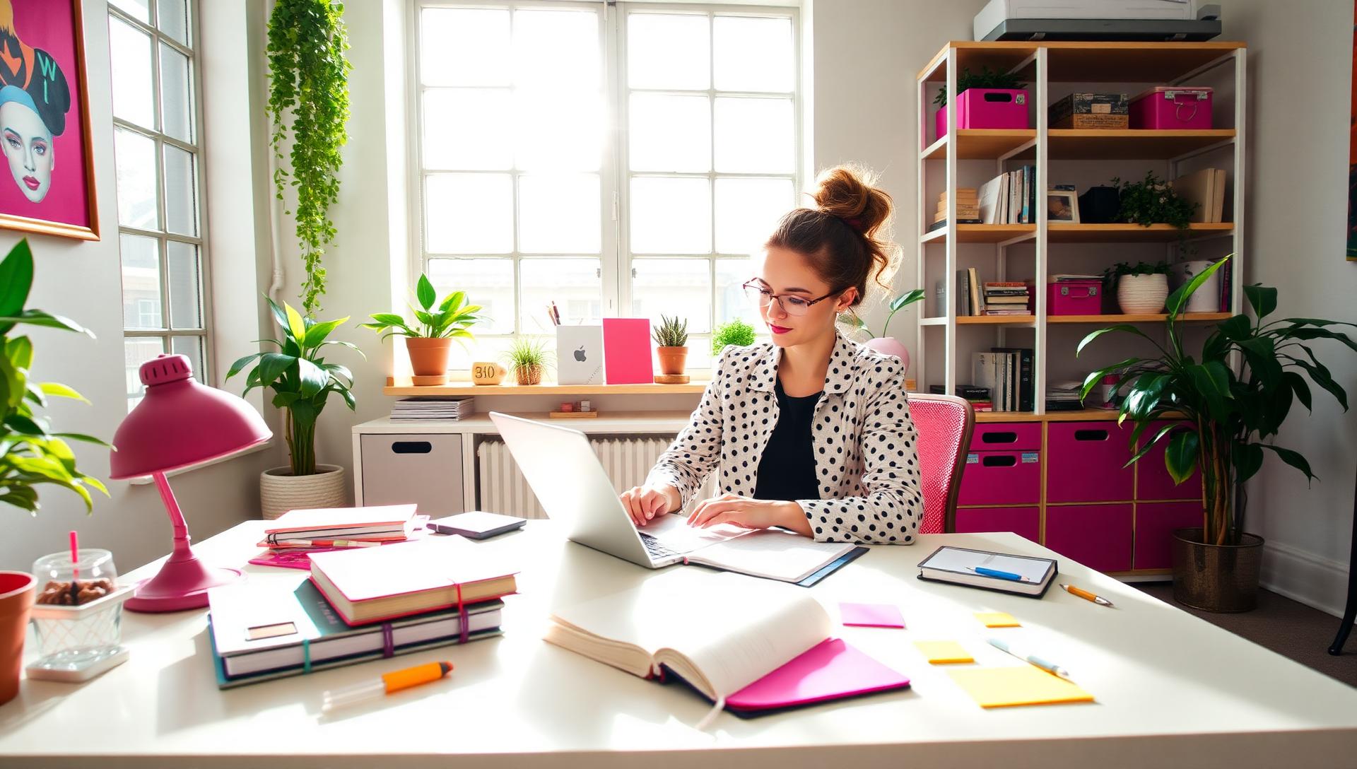 Content editor working through a long-form draft in a bright modern studio
