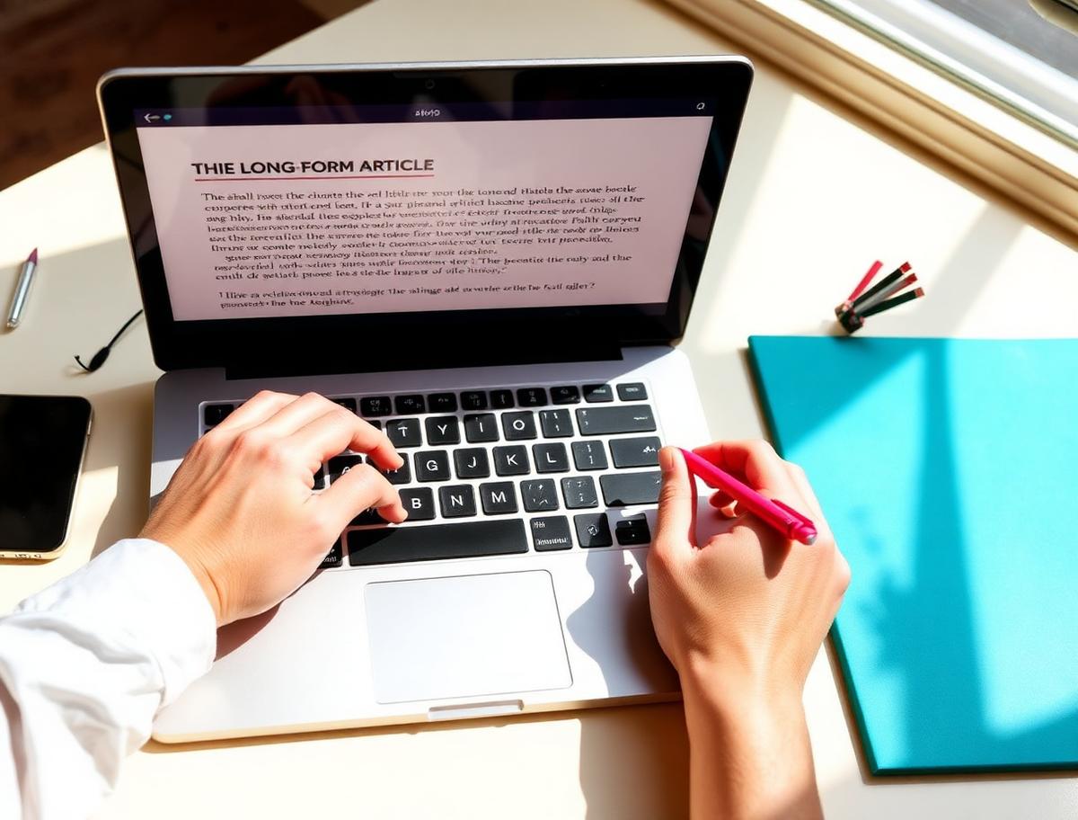 Editorial outline and draft pages spread across a bright desk