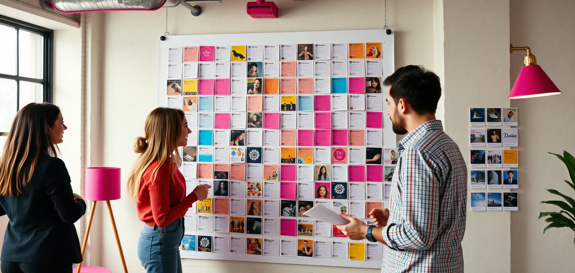 Content team reviewing an editorial calendar in a vibrant workspace