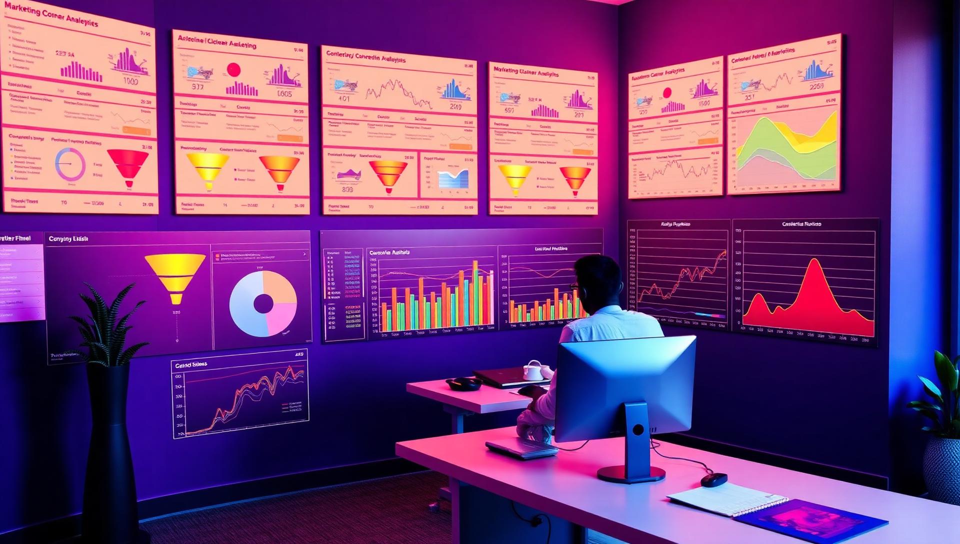 Marketing analyst reviewing funnel and attribution dashboards on wide screens
