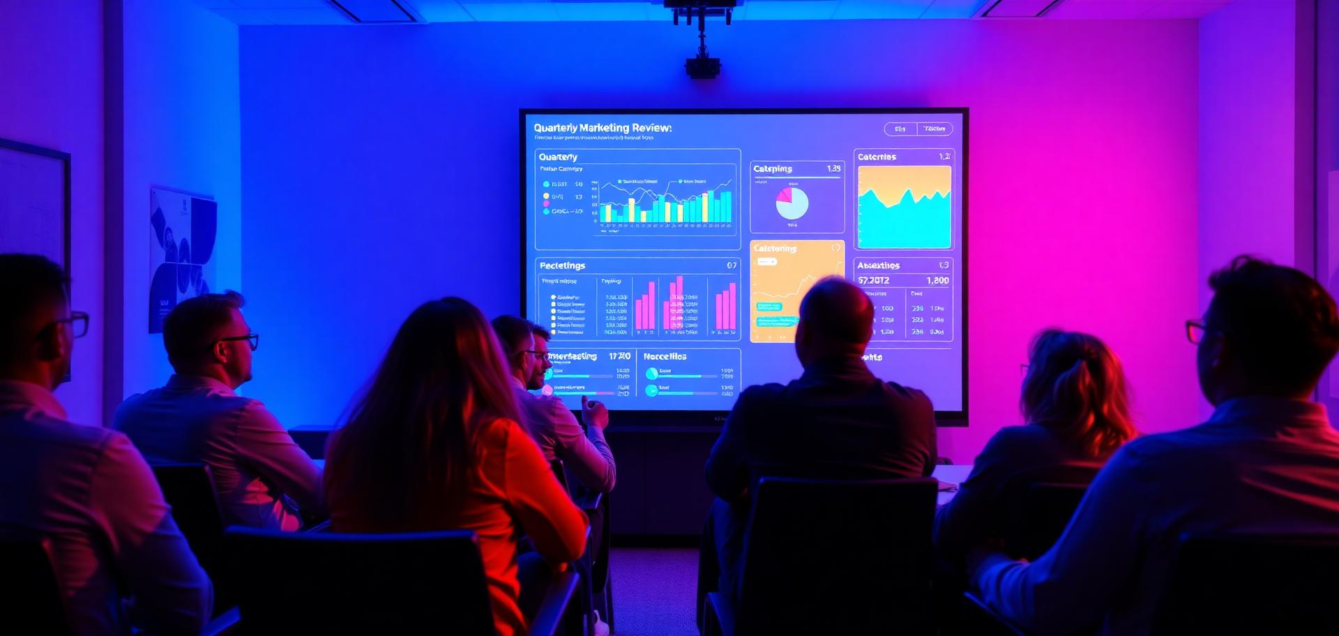 Marketing analytics war room with vibrant dashboards on the walls