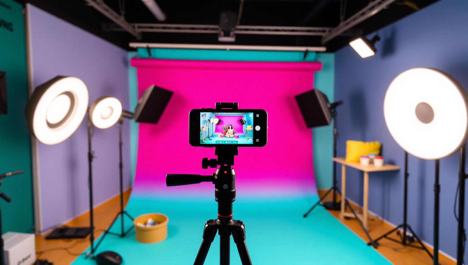 Social media team filming and scheduling content in a colorful studio