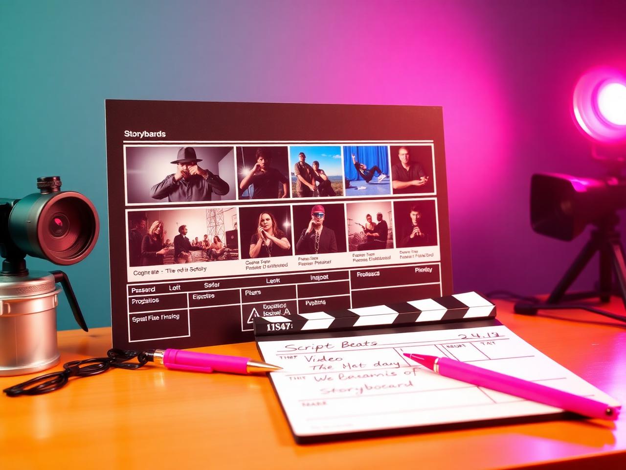 Video ad storyboard frames and script beats beside a clapperboard