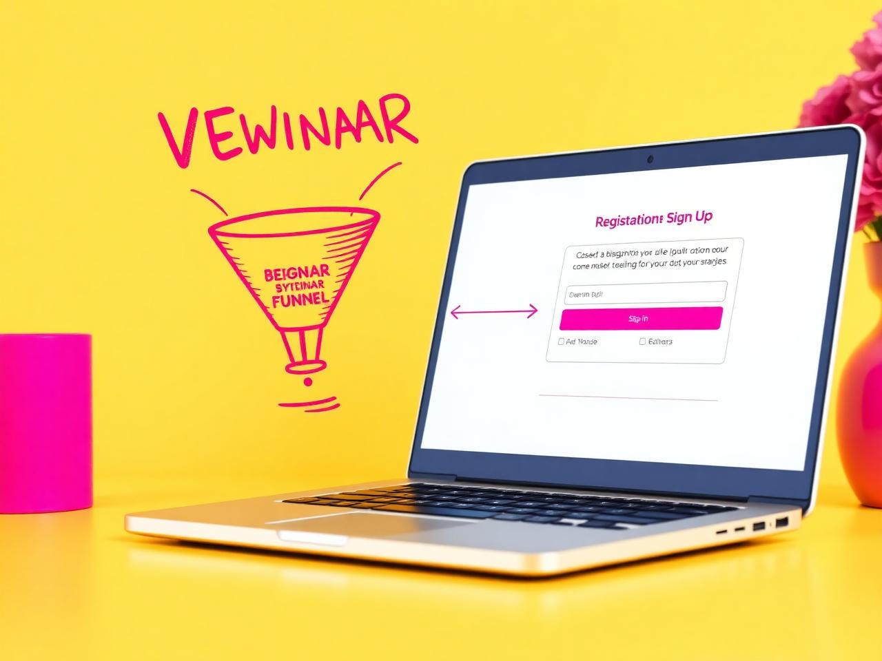 Webinar funnel diagram beside a laptop showing a registration page